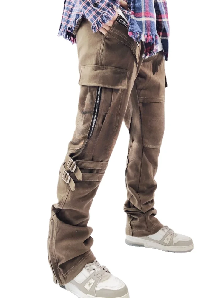 

Niche Design Sense Techwear Style Vibe Multi-Pocket Strap Bootleg Pants Overalls Trousers Men