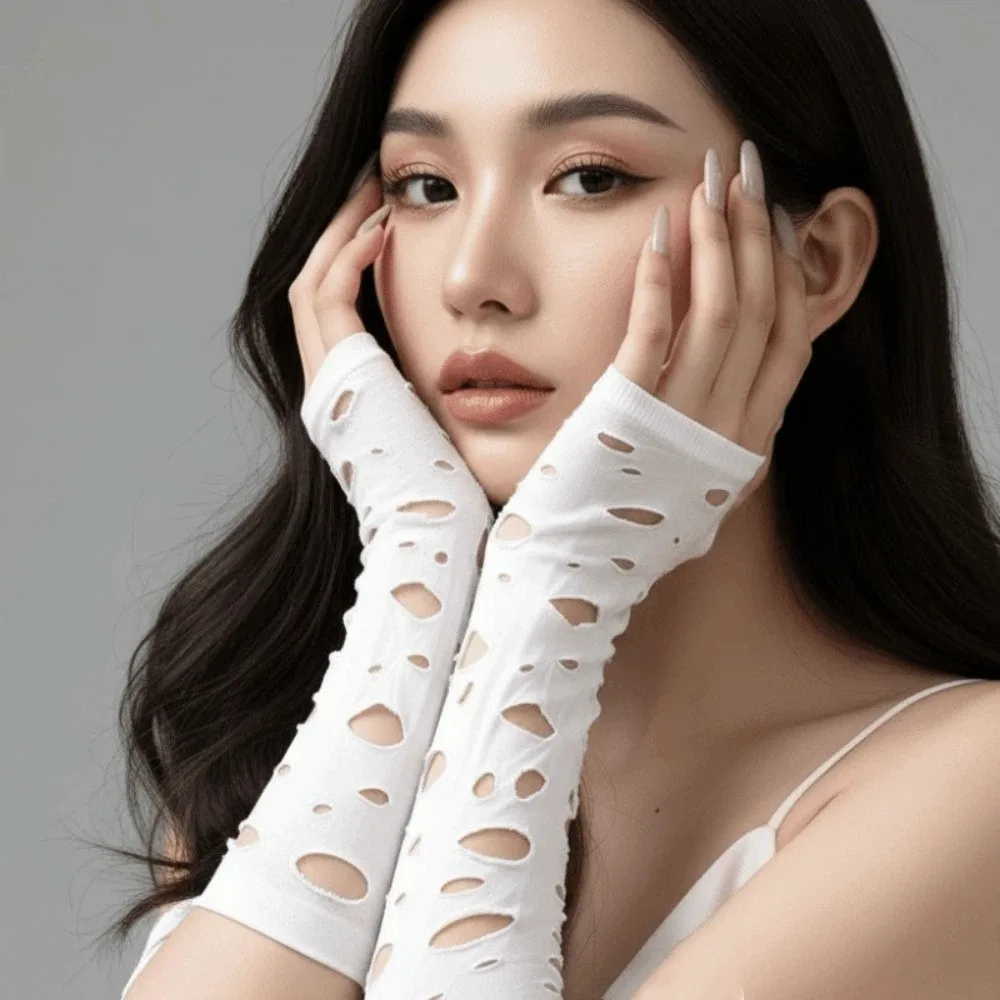 Sleeve Covers Ripped Arm Warmers Black Elastic Fingerless Gloves Hollow Breathable Hand Sleeves Halloween Cosplay
