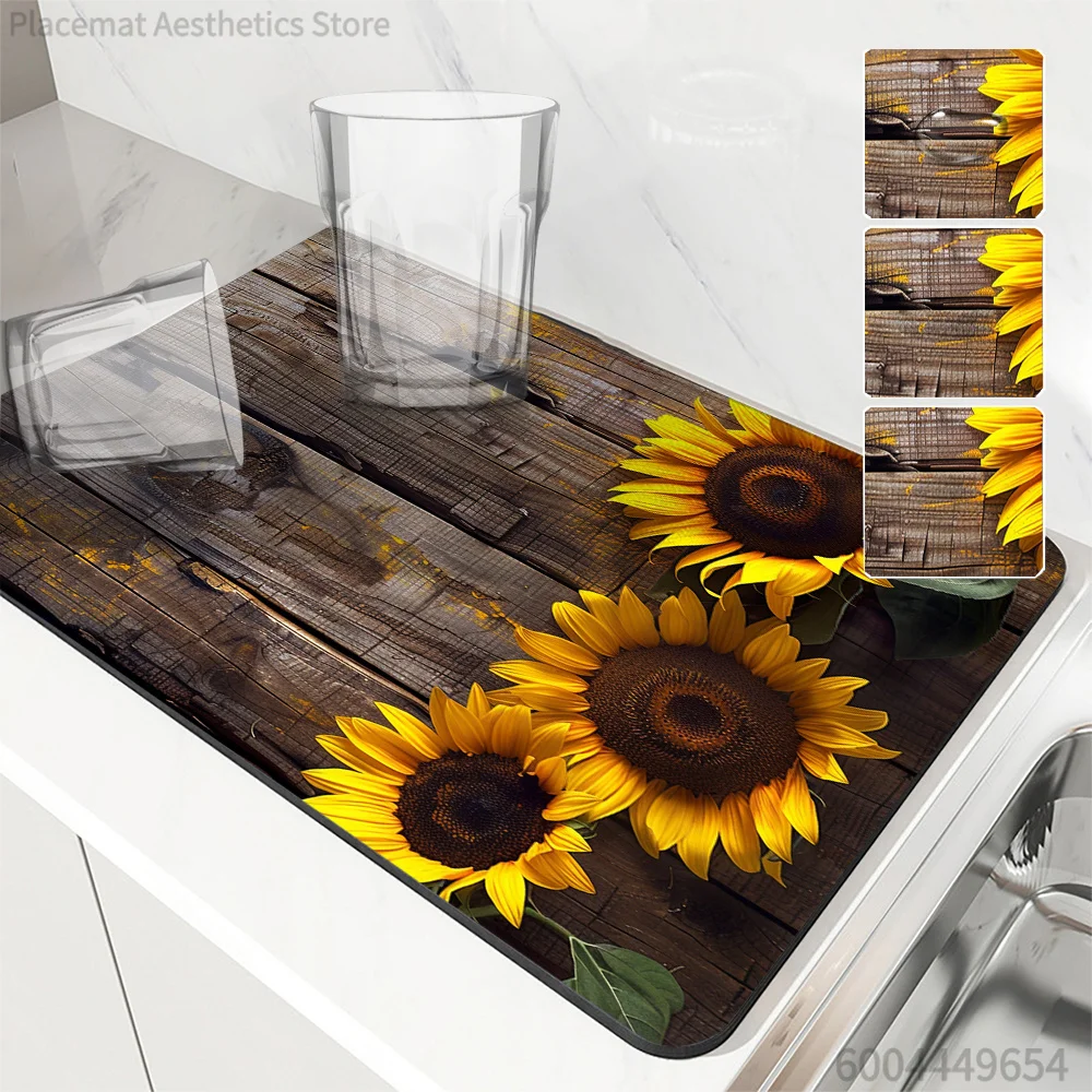 Rustic Wood Sunflower Print Super Absorbent Drying Mat Waterproof Kitchen Counter Coffee Maker Drain Pad Decor Placemat