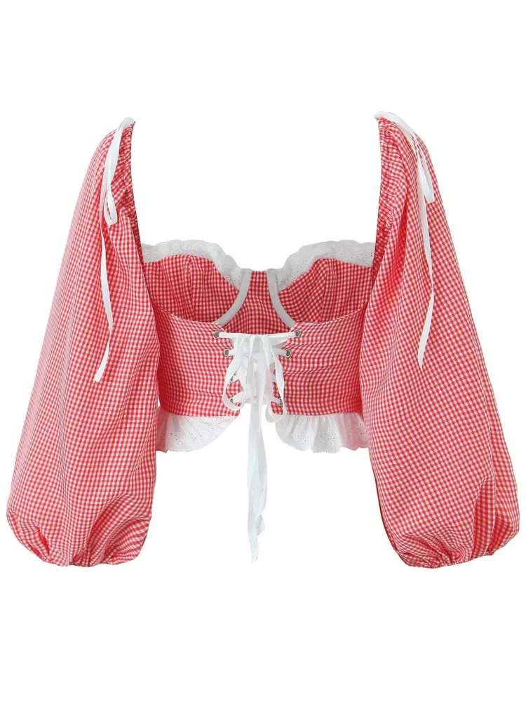 Chemise corset en fil de fer pour femme, chemisier court, ourlet en dentelle épissée, nœud croisé, dos nu, manches lanterne, rouge, précieux, 2023