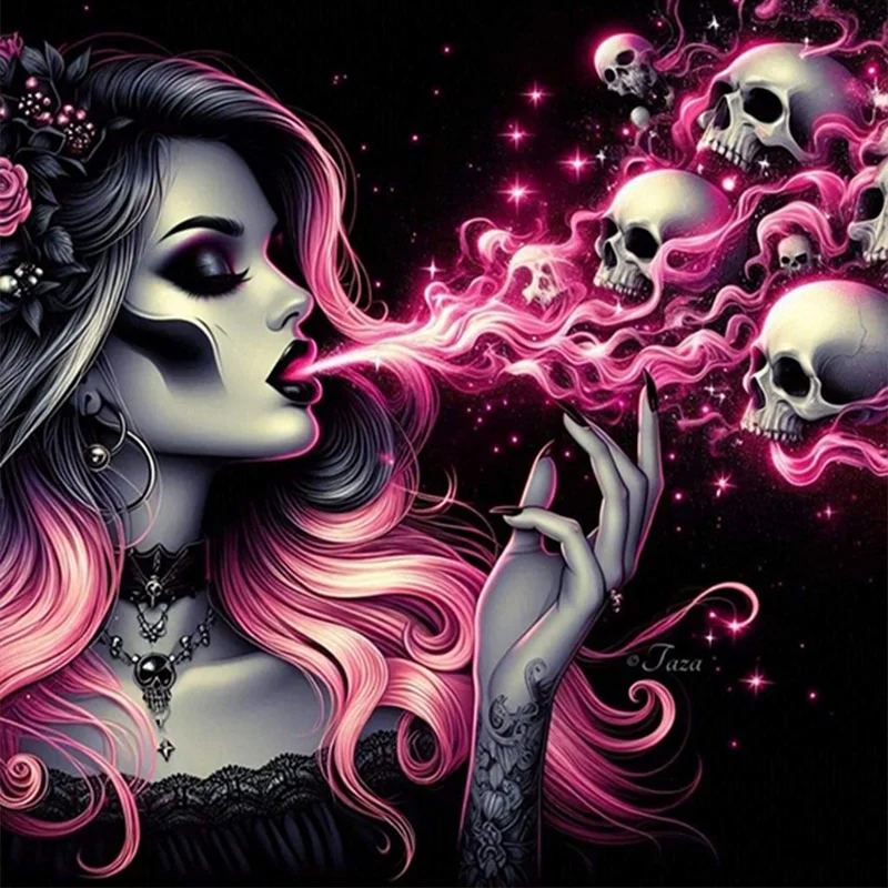 Gothic Skull Girl Tapestry - Pink Smoke & Skulls Art, Dark Fantasy Wall Decor, Grunge Style, Polyester, Multiple Sizes