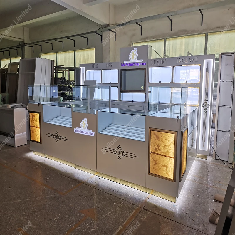 Custom, Luxe Parfumwinkel Montage Retail Aroma Display Showcase Met Led Lights Hout Parfum Verkoop Kiosk Voor Winkelcentra