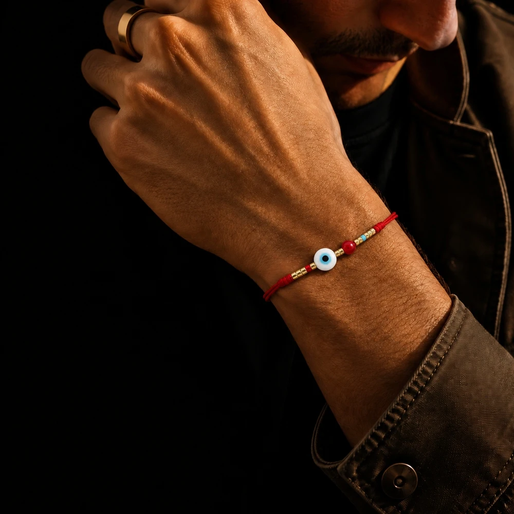 1pc Adjustable Red Cord Strand Bracelet with Blue Eye Glass Bead and Round Copper Beads Trendy Unisex Wrist Jewelry