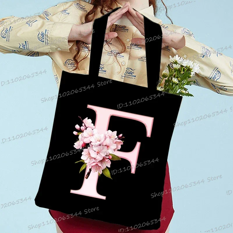 Sakura Letter Series Shoulder Bag Vintage Aesthetics Alphabet Women Tote Bag Students Large Capacity Storage Books Canvas Bag