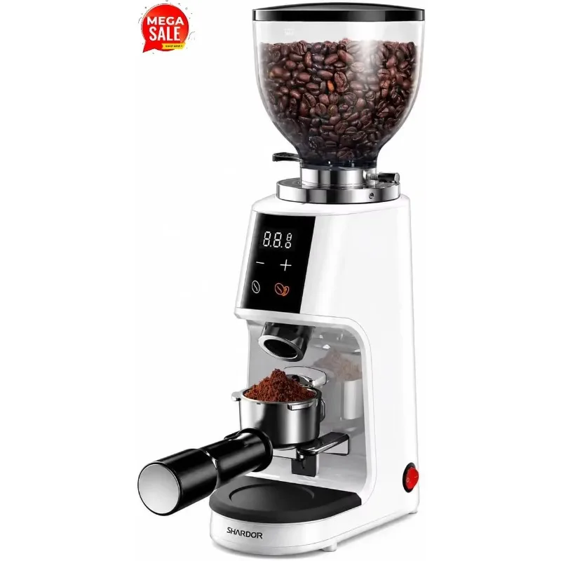 64mm Flat Burr Coffee Grinder, 100 Settings, Anti-Static, White | Electric Bean Grinding, All-Metal Chamber, Portafilter