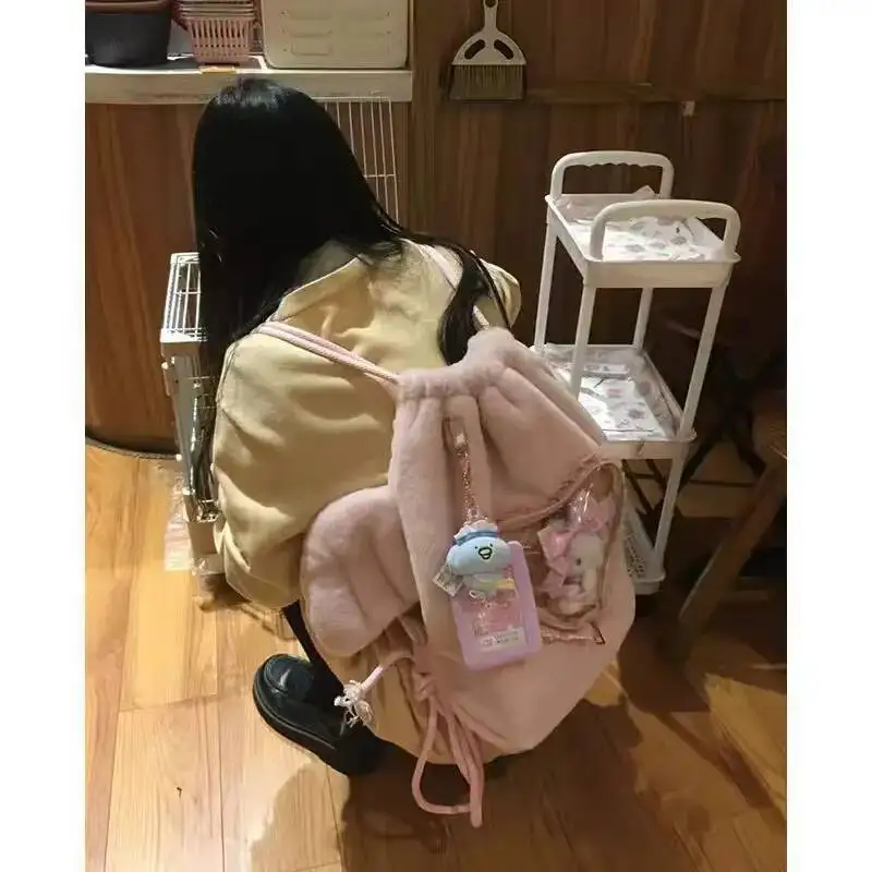 Bloom Plush Angel Wing Black Ita Bag Backpack Women Haruku Aesthetic String Y2k Backpacks Ladies Sweet Cute Heart Mochila