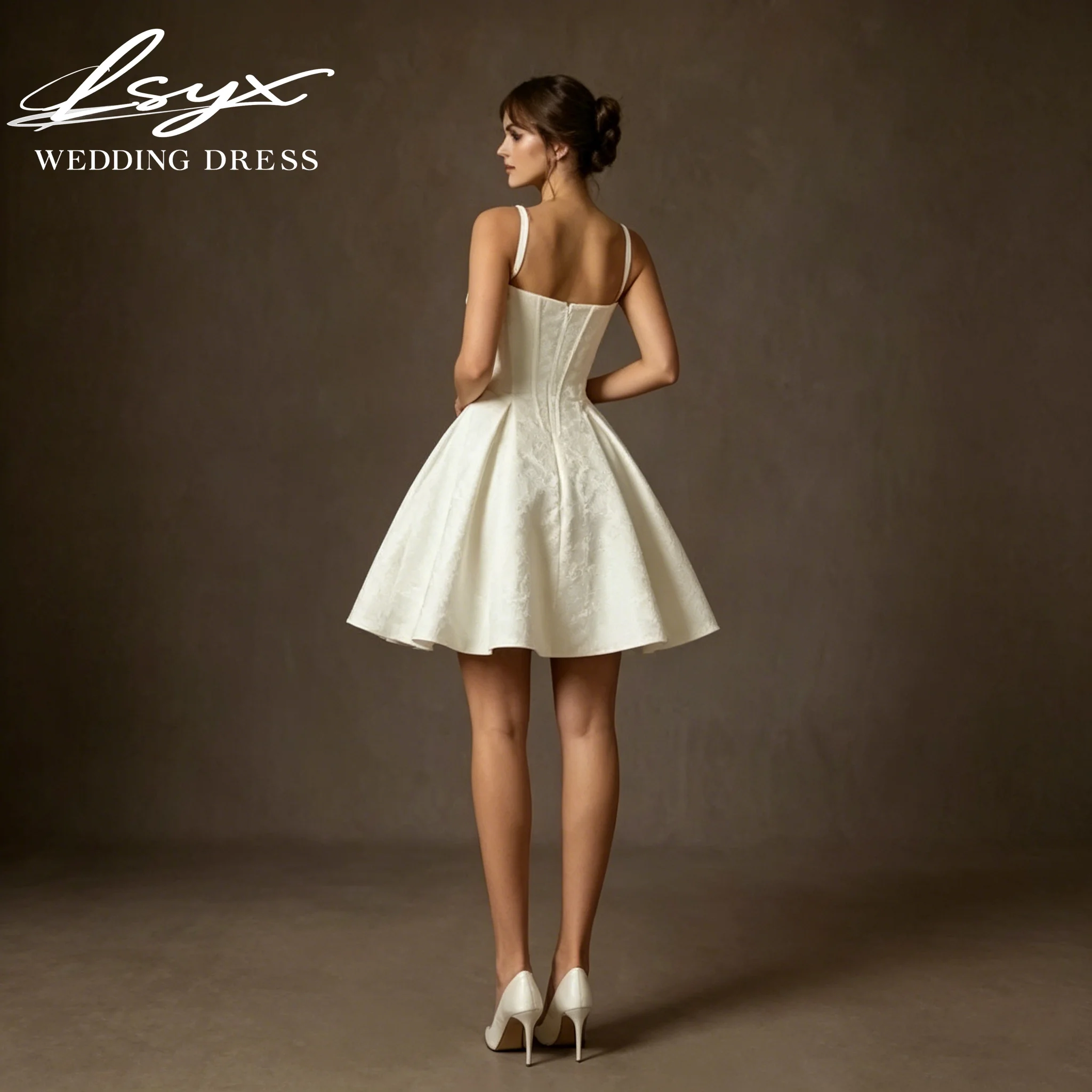 LSYX 2026 Customized Glamorous Square Neck Spaghetti Strap Wedding Dress A-Line Mini Corset Back Zipper Sleeveless Bridal Gowns