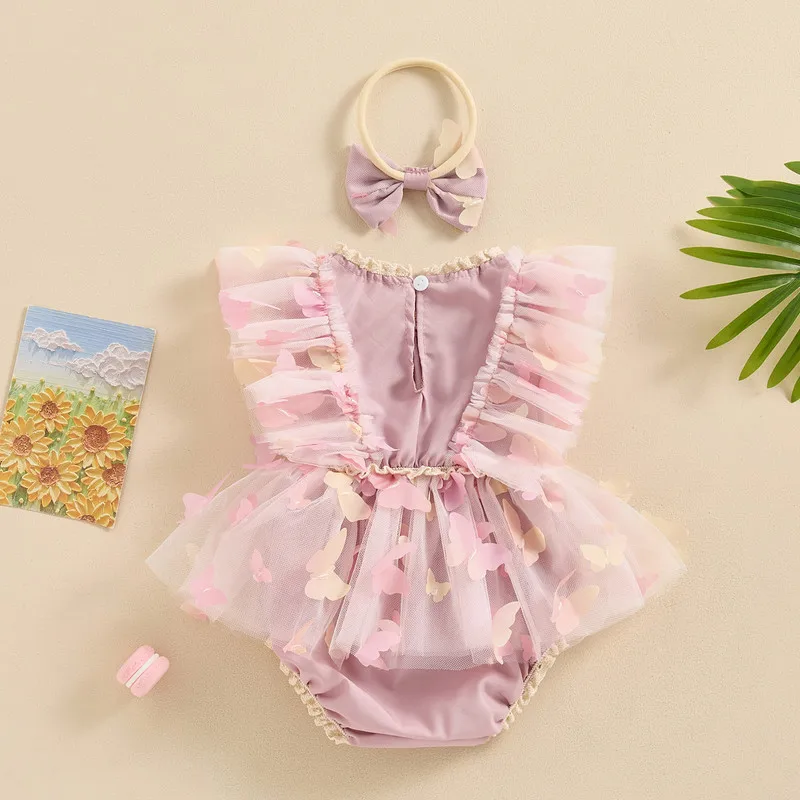 Baby Girls Rompers Dress Butterfly Embellished Fly Sleeve Mesh Skirt Hem Infant Bodysuits Summer Clothes with Headband