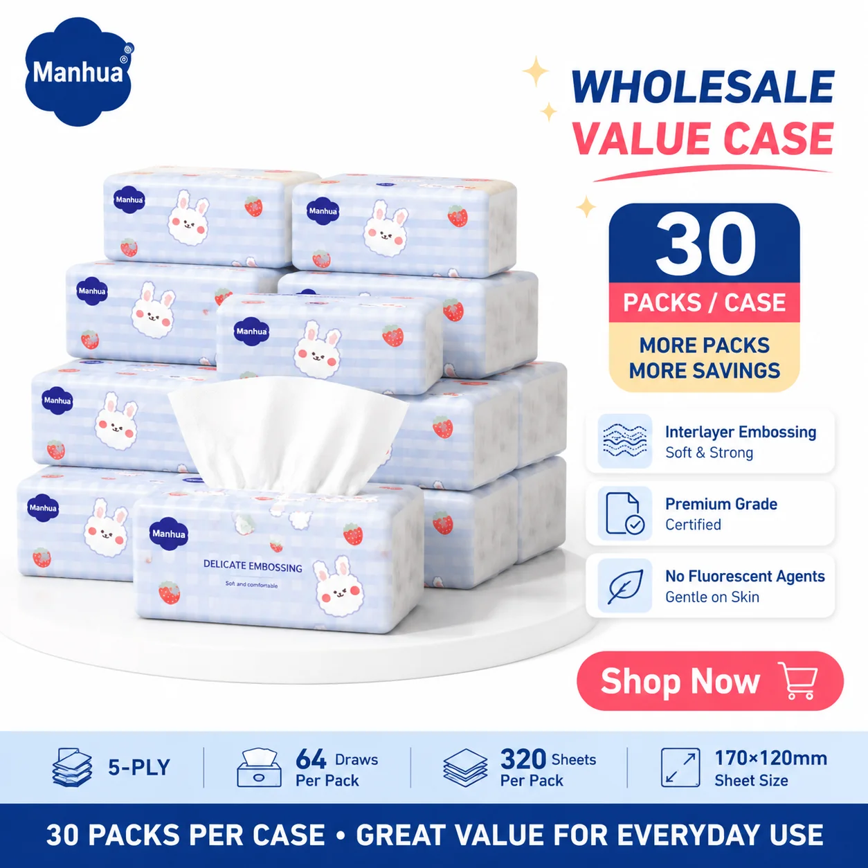 30Packs Manhua Facial Tissues 5-Ply 320 Sheets Virgin Wooden Pulp No Fluorescent Cartoon Rabbit Household Napkins Paper Towels