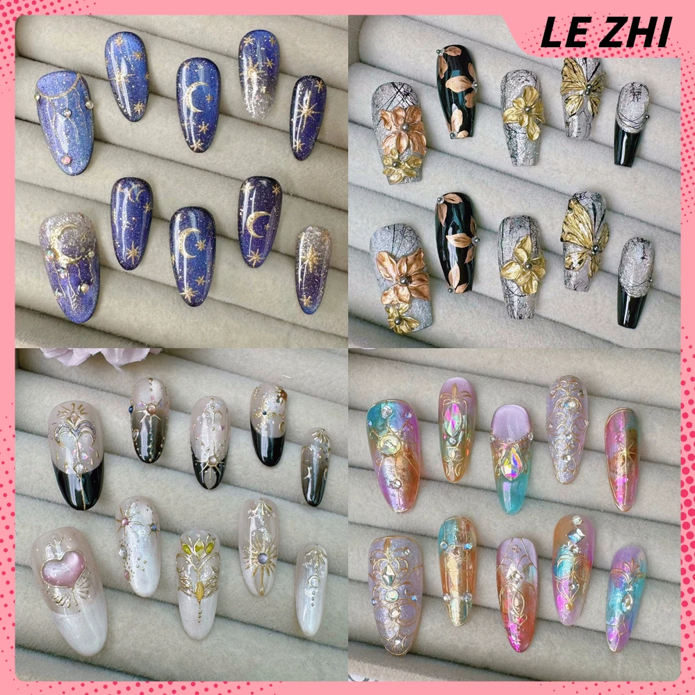 

High Quality Stars Moon Hand-Drawn Long Coffin Handmade Nail Party Stickers Diamond Pearl Flowers Bowknot Detachable Fake Nails