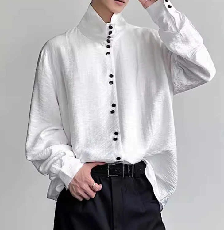 

SuperAen Single Breasted French-style Stand-up Collar Fashion Shirts Spring Folds Solid Color Casual Shirts