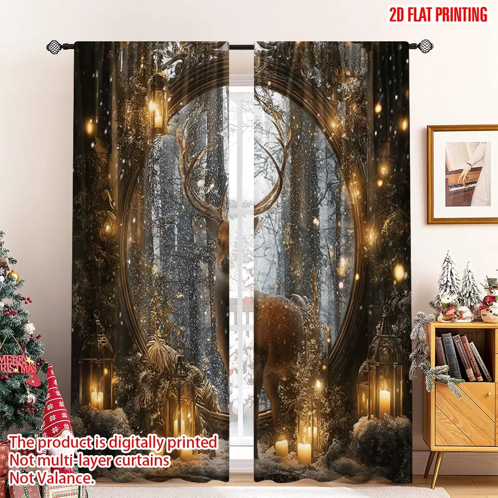 

2pcs 2D flat printing Christmas Scene Curtains Christmas Deer and Candles Durable polyester fiber Festive Curtains Perfect for