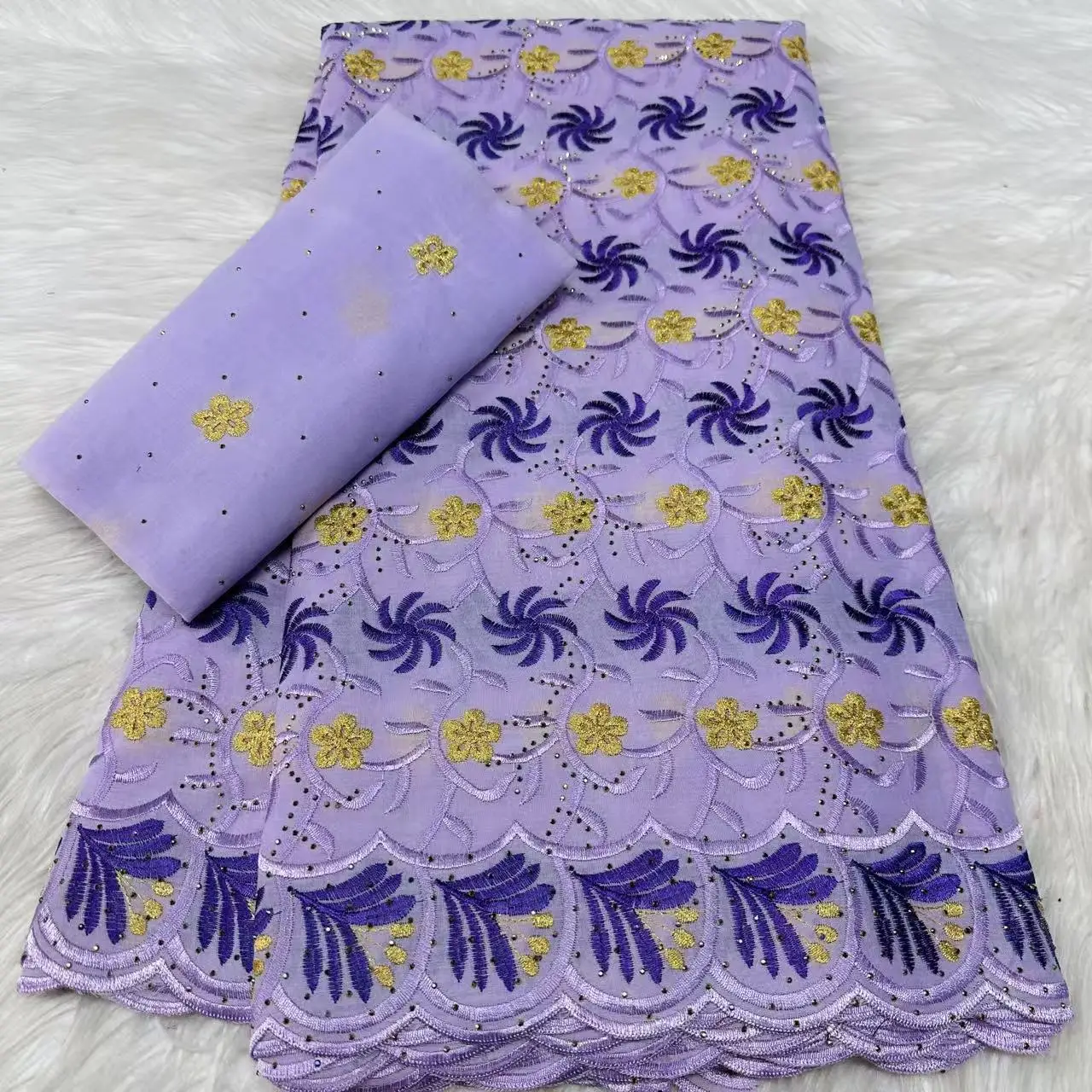 5 Yard African Cotton Fabric with 2 Yard Scarf Lafaya Shiny Beaded Embroidery Swiss Voile Lace Dubai Style for Fashion Crafts