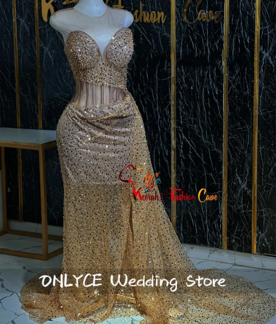 

Shining Gold Mermaid Prom Dresses Woman 2024 Beads Crystals Elegant Dress For Special Occasions Sequins Birthday Robe Customized