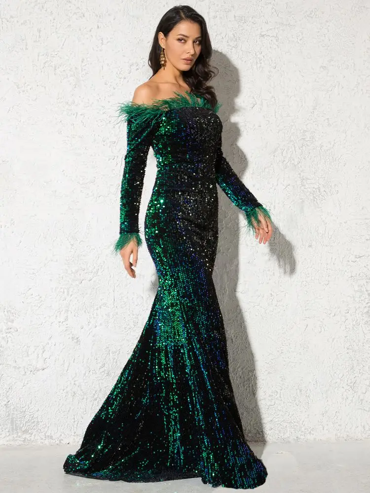 Sparkle Green Feathers Sequin Maxi Cocktail Dress Mermaid Off The Shoulder Long Sleeve Stretch Wedding Party Gown Dresses 2024