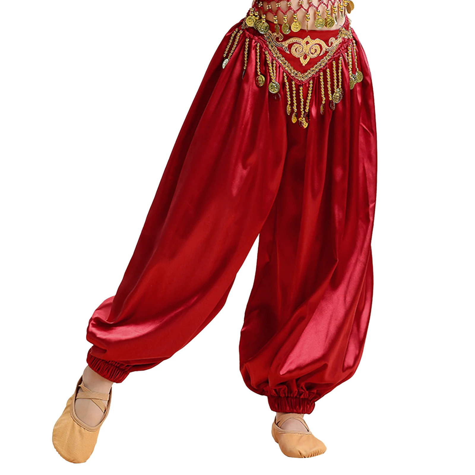 

Kids Girls Belly Dance Bloomers Pants Satin Elastic Waistband Sequin Tulle Pants for Performance Halloween Theme Party Role Play