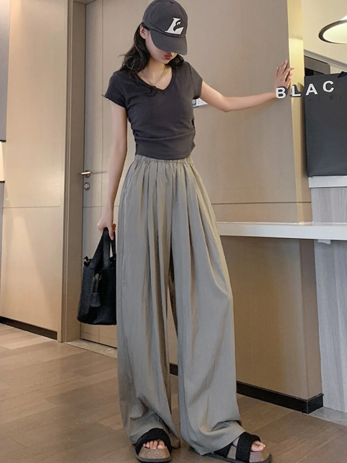 Pantalon à jambes larges en soie glacée pour femmes, drapé, taille haute, décontracté, japonais, paresseux, Sembach, jambes droites, été