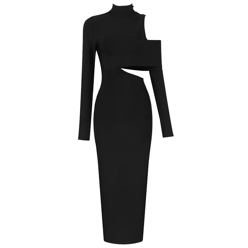 High Quality Women Long Sleeve Sexy Off the Shoulder Bodycon Mid-calf Bandage Dress Elegant Evening Party Celebrate Dress