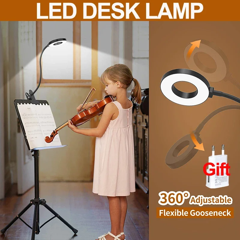 Luz de leitura LED ajustável - Clip-On, 3 modos de cor e 10 níveis de brilho, lâmpada de mesa com economia de energia para casa, escritório, viagens