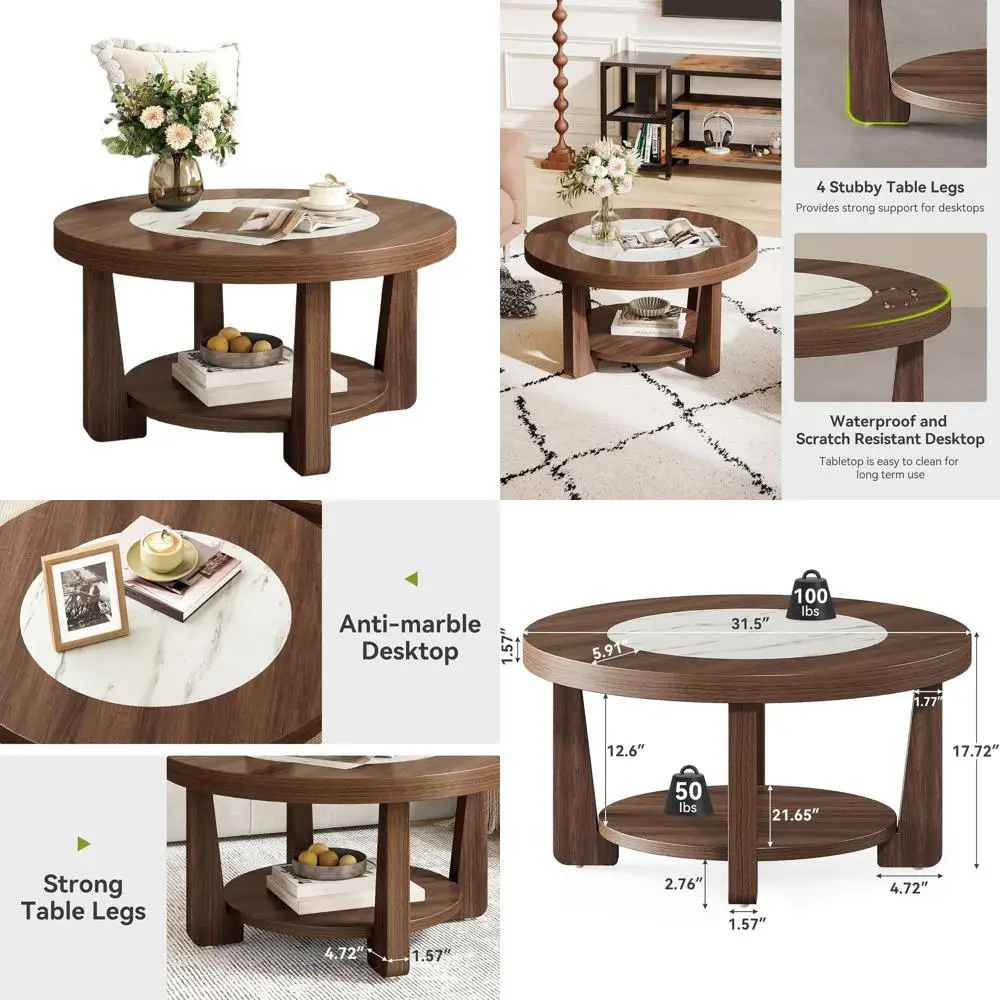 

Contemporary 2-Tier Wooden Coffee Table with Marble-Style Top and Storage, Ideal for Compact Living Spaces