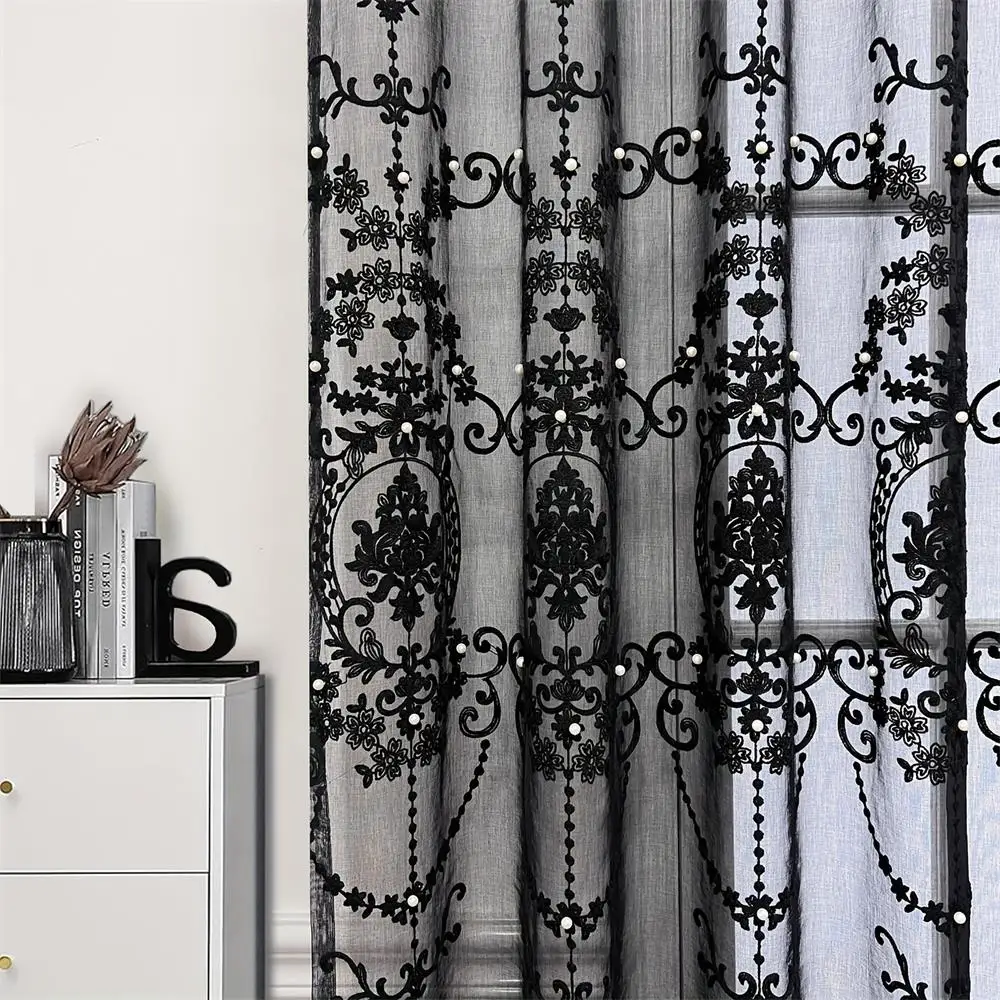 Romantic Beaded Black Embroidered Tulle Curtain For Living Room Bedroom Light Filtering Window Drapes Voile Home Decoration