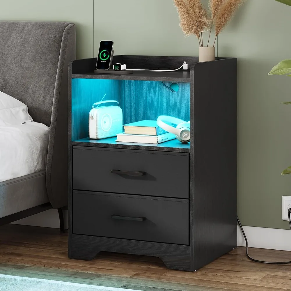 

Nightstands Set 2, LED Nightstand with Charging Station, End Side Table with USB Port, Bedside Table with 2 Fabric, Customized