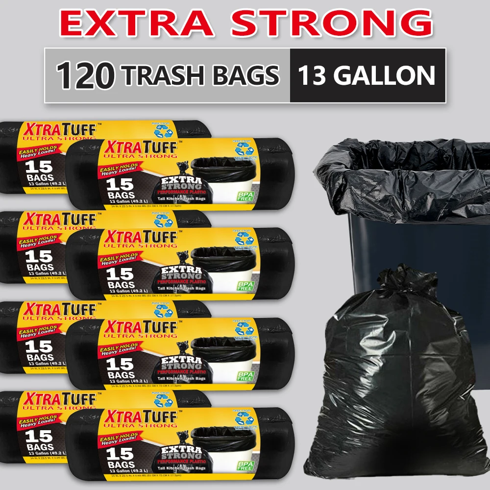 

Xtratuff Tall Kitchen Trash Bags 13 Gallon Black Trash Bag Unscented BPA FREE 120 Count Garbage Bags Strong Rubbish Bag for Home