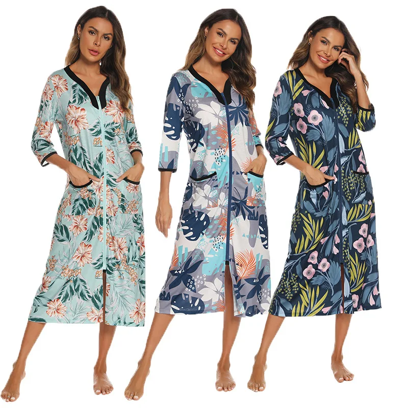 

Spring Summer New Nightgown Amazon Popular Sexy V-neck Printing Contrasting Color Seven-quarter Sleeve Zipper Nightgown Supply