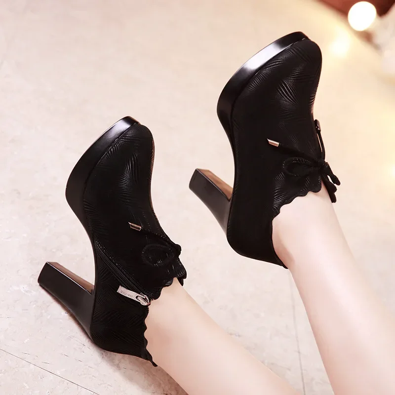 Small Size 32-43 Deep Mouth Black Wavy Platform Pumps Women Oxfords Fall Winter 2024 Block High Heels Shoes Office Model Dress