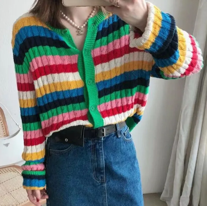 2024 New Women's Sweater Rainbow Striped Long Sleeve O-neck Cardigan Slim Fit Knitted Outcoat Fashion Trend Girl's Jumper Tops