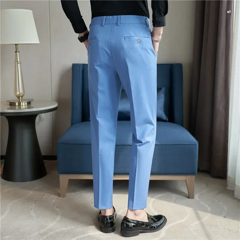 2024 Autumn Men Blue Suit Pants Casual Elastic Slim Fit Formal Dress White Trousers Pantalon Homme Wedding Party Men Clothing