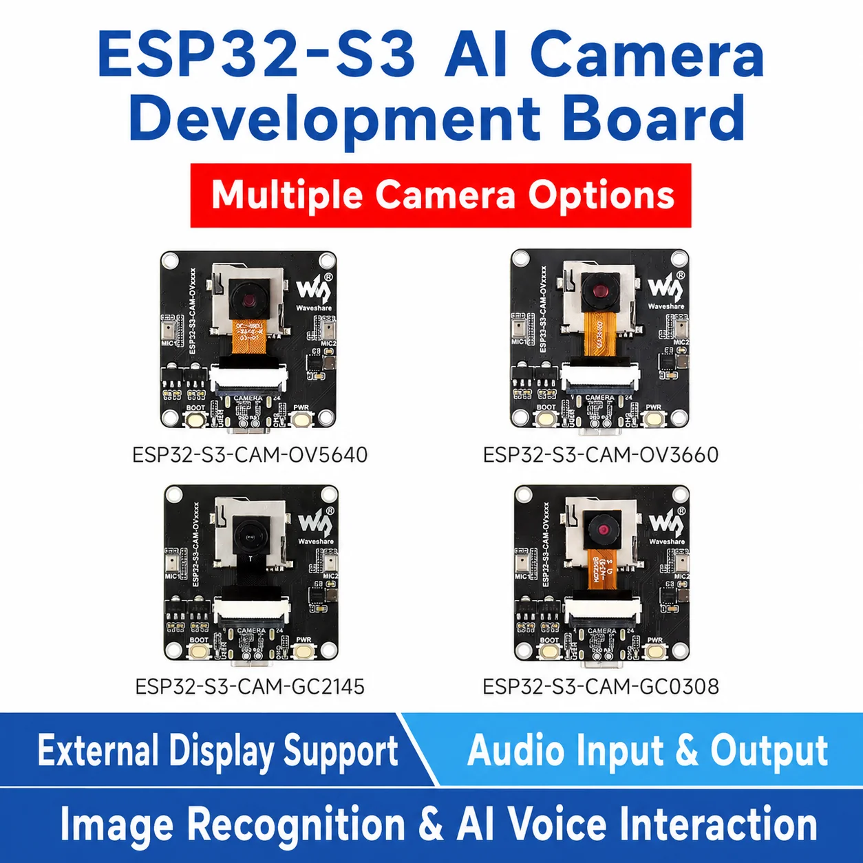 ESP32-S3 AI Camera Dev Board with OV5640/OV3660, 8MB PSRAM+16MB Flash, Dual Mic, LCD Interface