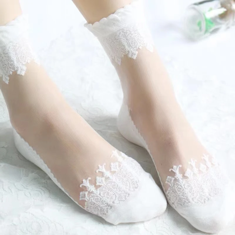 1 par/6 pares de calcetines transparentes dulces de verano calcetines elásticos transpirables para mujer calcetines cortos de encaje ultrafino de seda de cristal para niñas