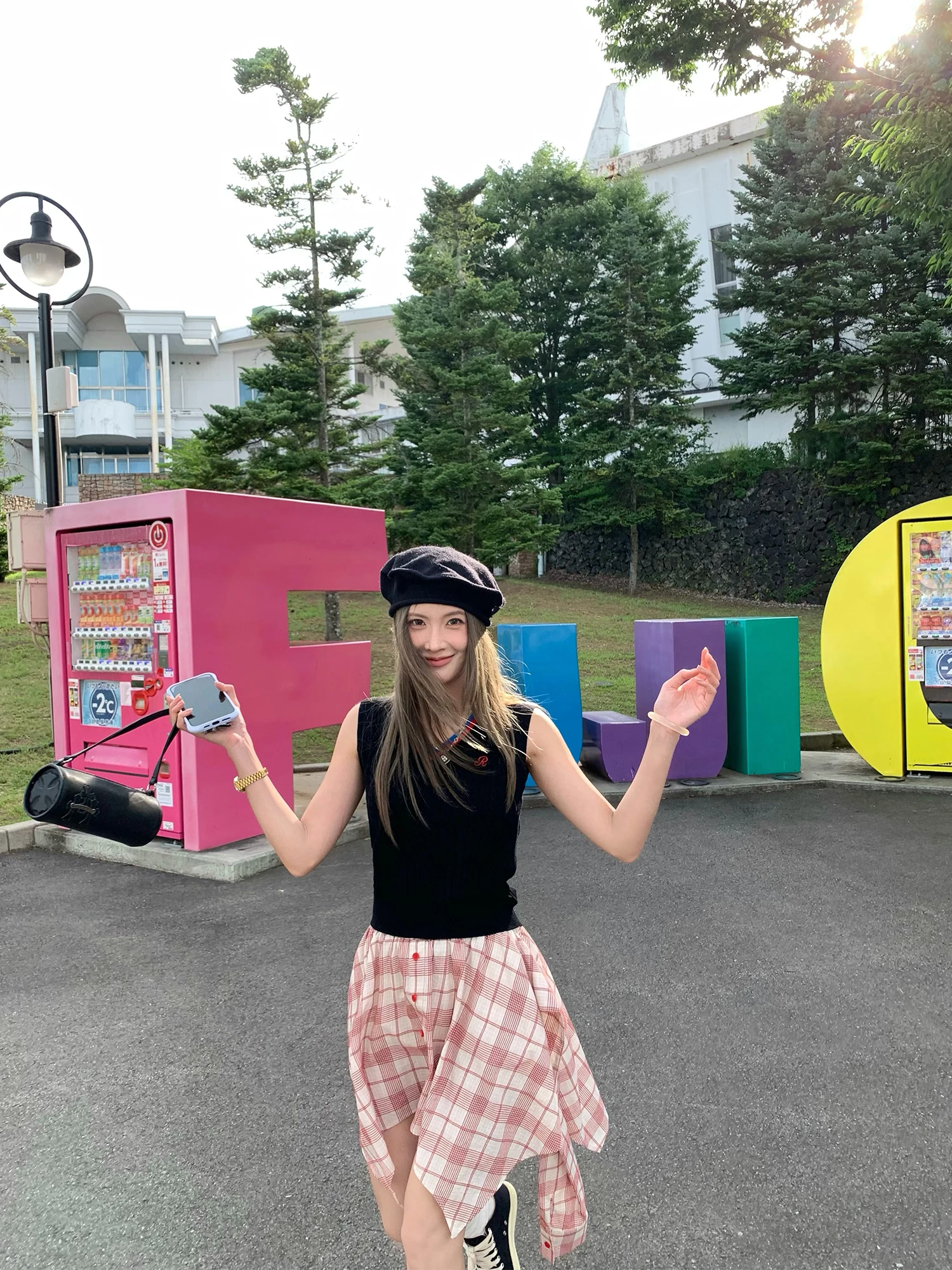 

PPLAND Women's f-length Plaid Skirt Elastic Waist Design Korean Sle Commute Cotton A-line Skirt Two-wear Sle