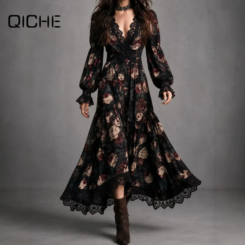 QICHE Women Maxi Dress, European Vintage Rose Print Wrap Dress, Ruched Waist With Lace Trim Long Dress