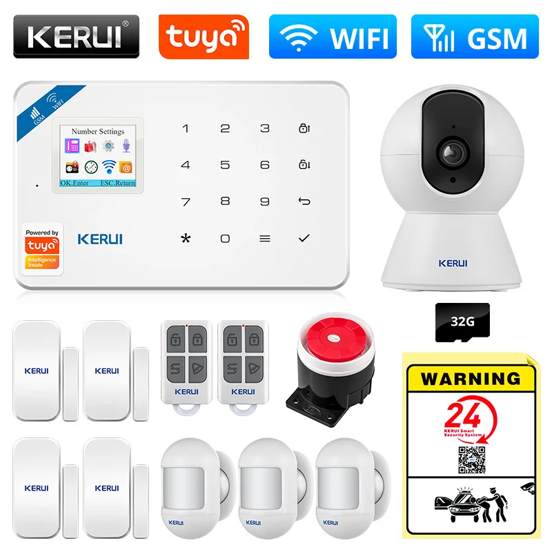 KERUI Wireless Smart Home WIFI 2G GSM 4G Sistema di allarme di sicurezza Tuya APP Controllo casa Rilevatore di movimento Sensore antifurto Telecamera IP