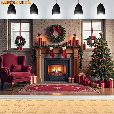 

Christmas Day Wreath Family New Year Party Photography Backdrops Prop Window Living Room Xmas Tree Gift Snow Background VN-11