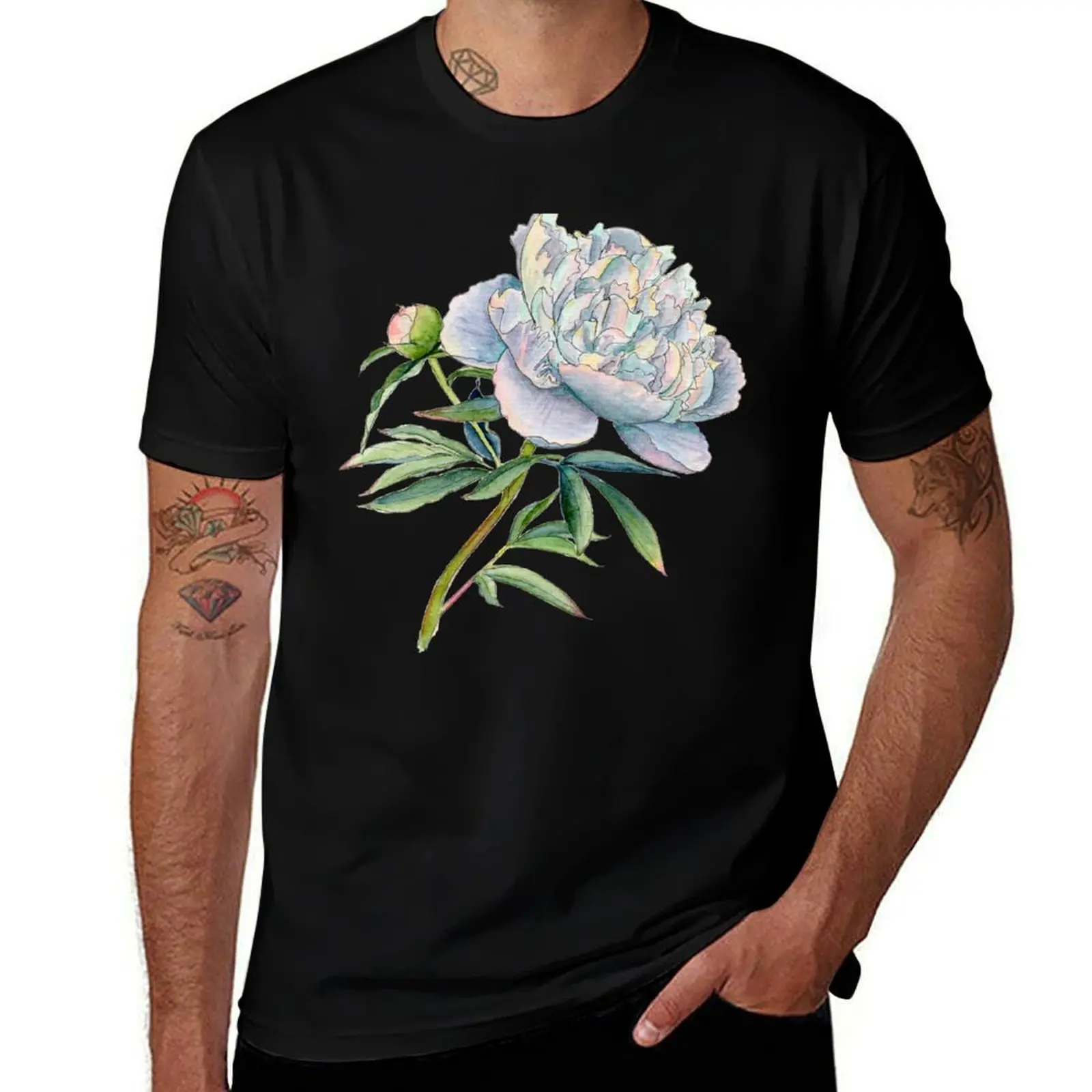 Peony in watercolor and ink by farrahdelle T-Shirt Everyday Wear Basic Short Sleeve Top T-Shirt