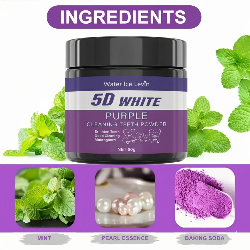 مسحوق تبييض الأسنان البنفسجي - تنظيف عميق بالفحم لإزالة البقع، نفس منعش، عناية الشتاء للفم لابتسامة أكثر إشراقاً
