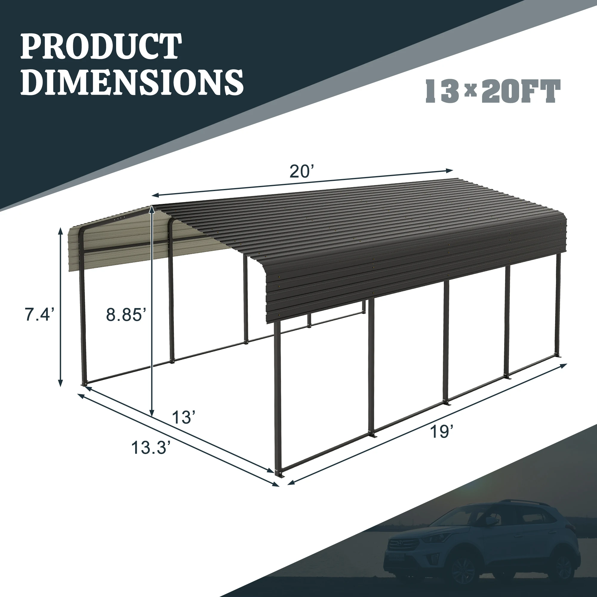 13x20FT Metal Carport Garage Upgraded Triangle Reinforced Frame 4 Poles Shelter for Car Truck Boat Outdoor Storage