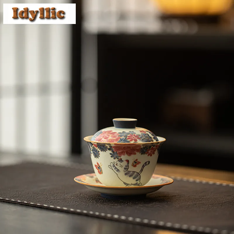 

130 мл ручная роспись с позолотой отделкой Fortune Cat Gaiwan антикварная чайная вареньонная чайная миска с крышкой комплект крышка для заваривания чая миска для чайного ремесла