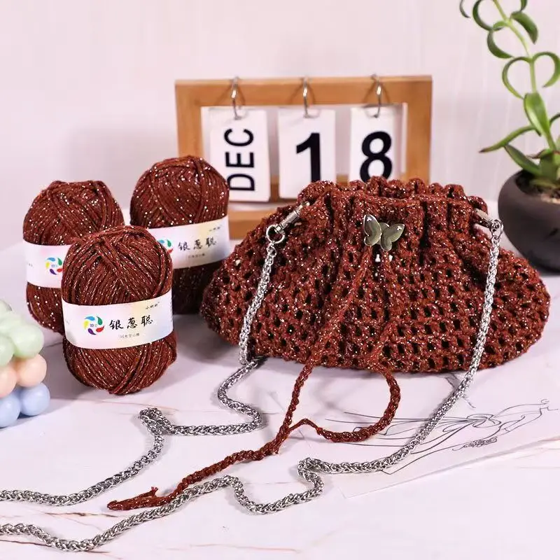 50g Sparkling Thread Silver Wire Hollow Cotton Yarn Crochet Butterfly Broken Silver Bag Hat Round Strand Cotton Material Bag
