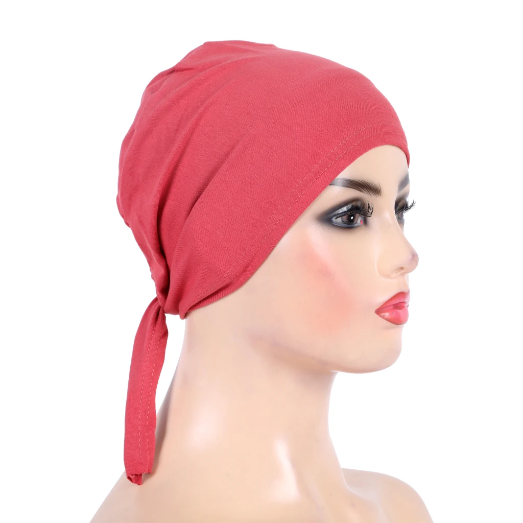 H048 Plain Cotton Tie Back Hats Muslim Turban Pure Color Stretch Inner Hijabs Underscarf Women Head Scarf Under Hijab Bonnet