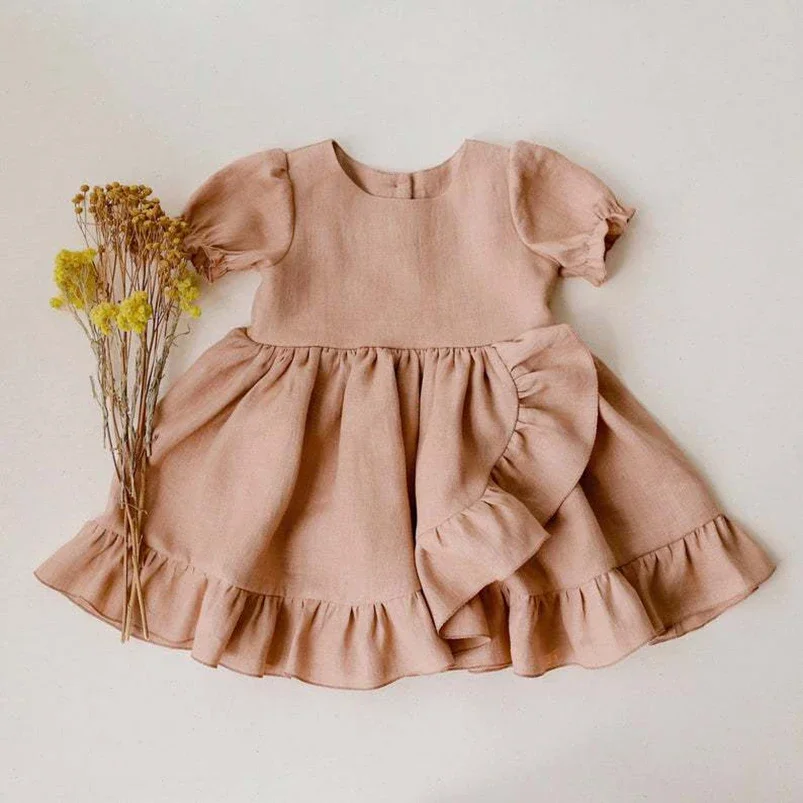 0-3t Baby Mädchen Leinen Kleid Säugling Kurzarm Rundhals Vintage Kleinkind Kleid Kinder Casual Kleid für Kinder Party Kleider