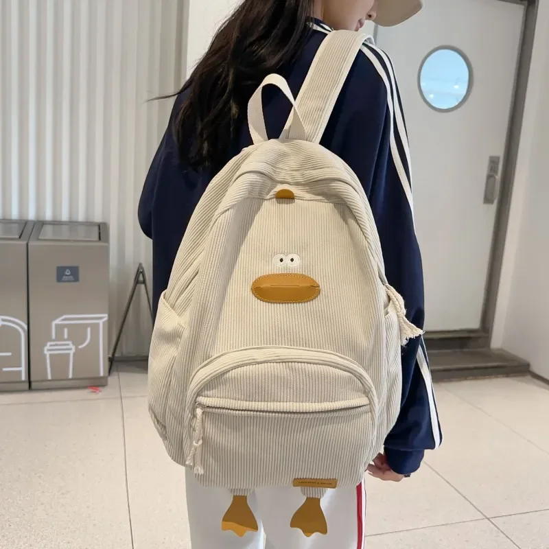 

Teen Girls Schoolbag Cartoon Duck Cute Backpack Casual Corduroy School Backpack for College Students Shoulders Laptop Backpacks