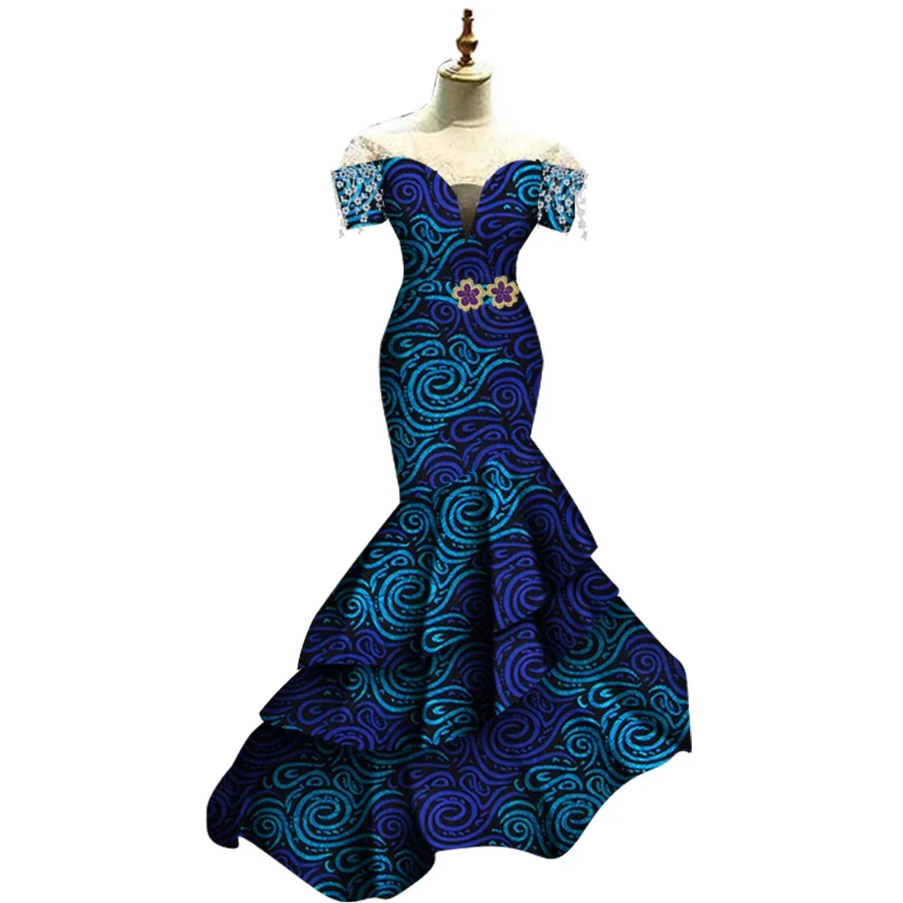 Evening Party Lady Dresses Plus Size Custom One Pcs Pleated Wedding Clothes African Wax Cotton Female Clothing Ankara WY5919