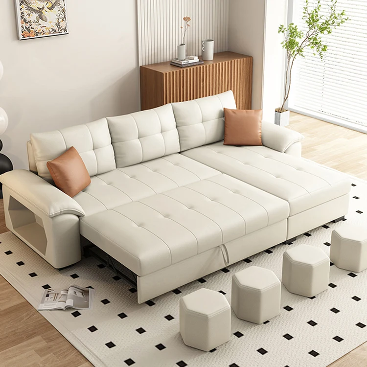 Modern Family Convertible Leather Sofa L-Shape Folding Couch with Multi-Function Reclining Foldable Sleeper Bed for Living Room