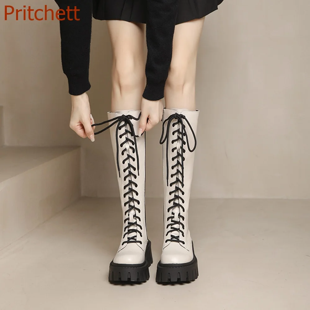 Round Toe Mixed Color Women Boots Knee High Cross Tied Square Heel Flat Sole Fashion Casual Sexy Women Shoes 2023 New Arrivals