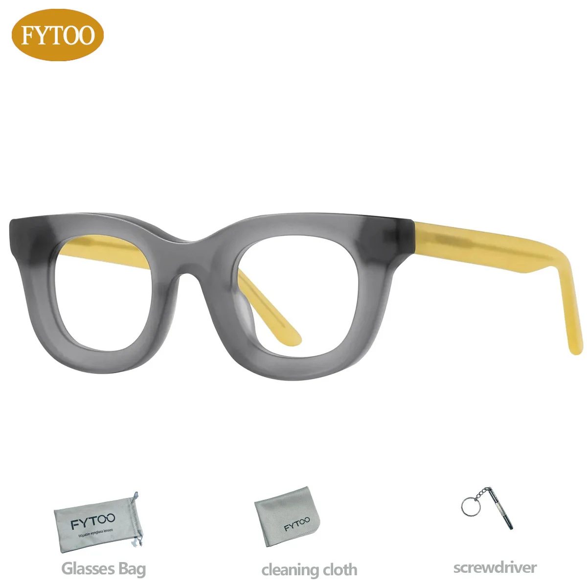 FYTOO Niche Cool Gray-Yellow Retro Round Glasses Accessories Included Durable Acetate, Unisex.1437-C1&K