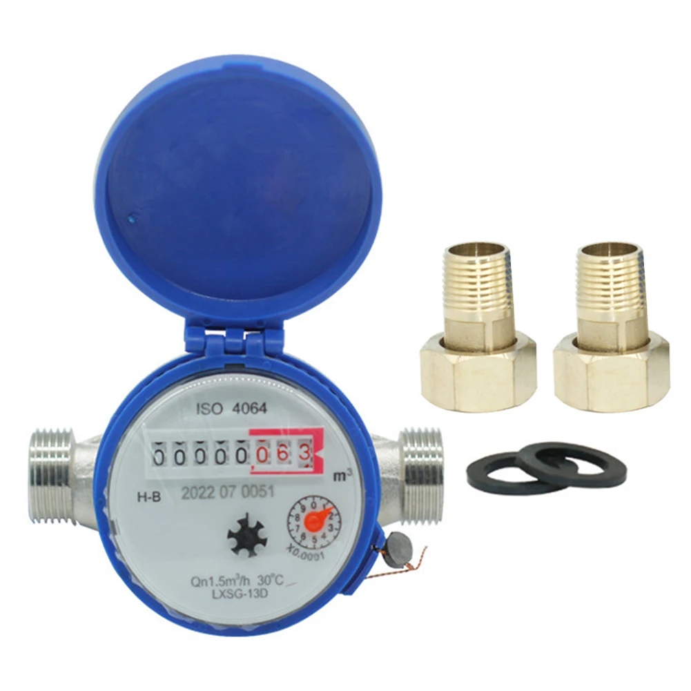 Compact Dry Cold Water Meter 12in with Threaded Adapters for Home and For Garden Clear Readability with Red Number Wheels